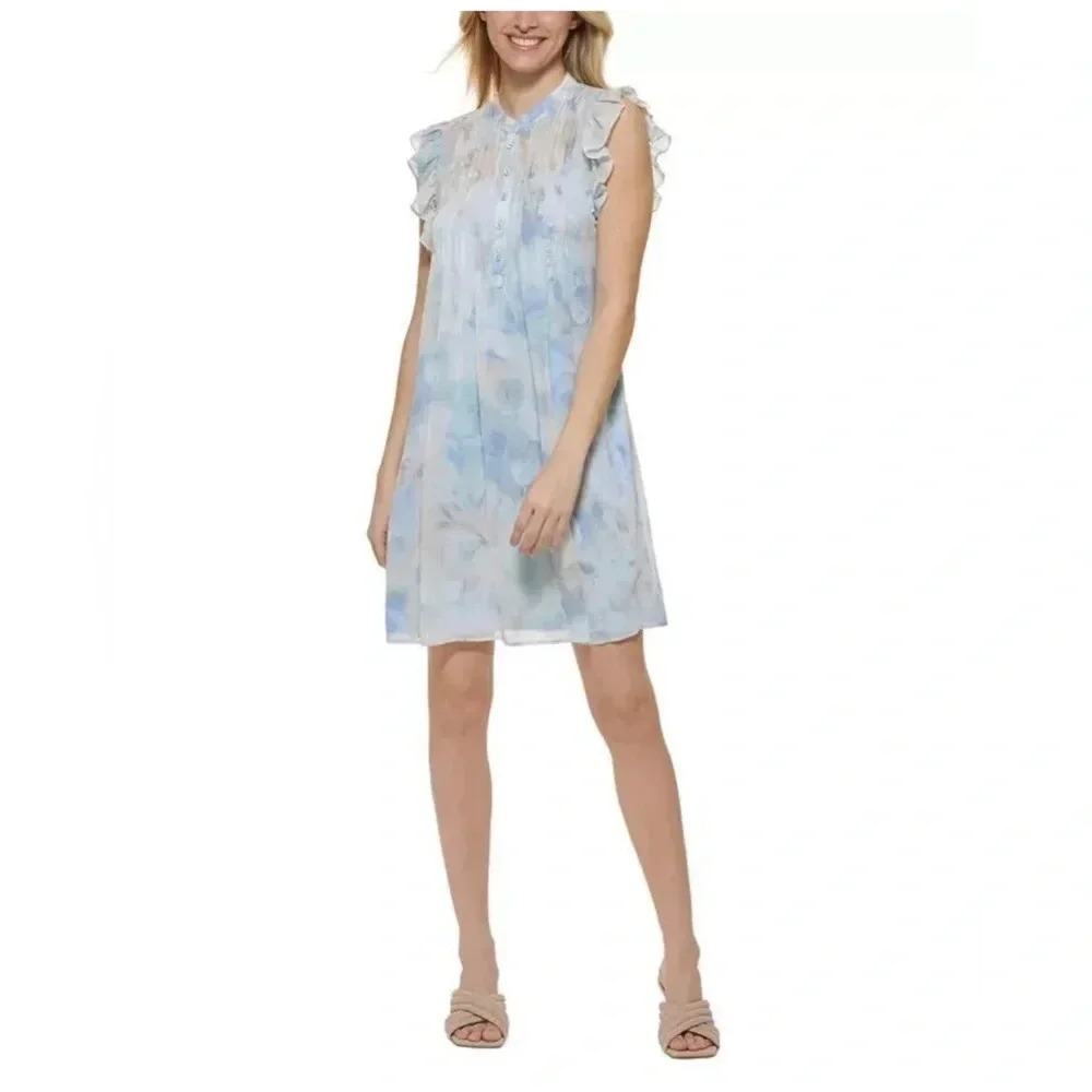 Calvin Klein Serene Printed Flutter Sleeve A-Line Dress Size 10 Petite